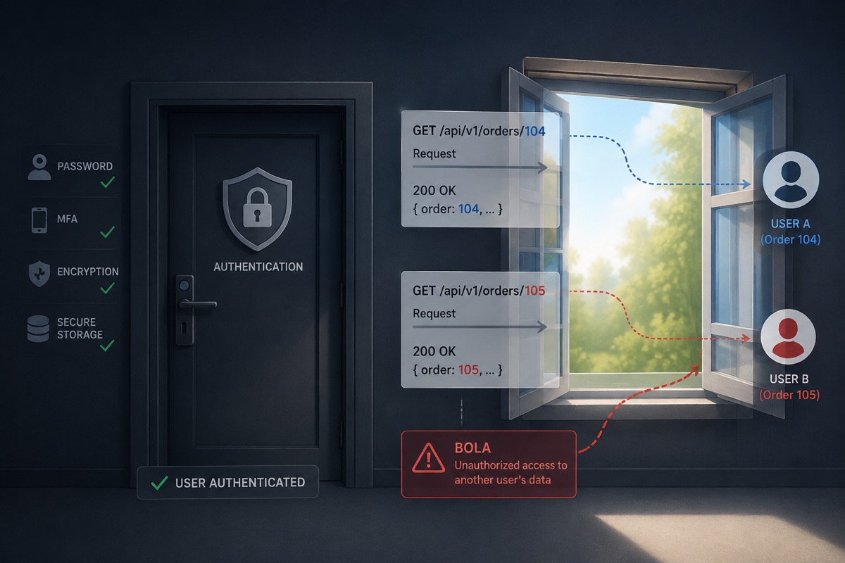 Diagram showing a locked door labeled Authentication with password, MFA, encryption, and secure storage all checked, next to an open window through which two API requests for order 104 and order 105 both return 200 OK to their respective users, illustrating a BOLA vulnerability: unauthorized access to another user's data
