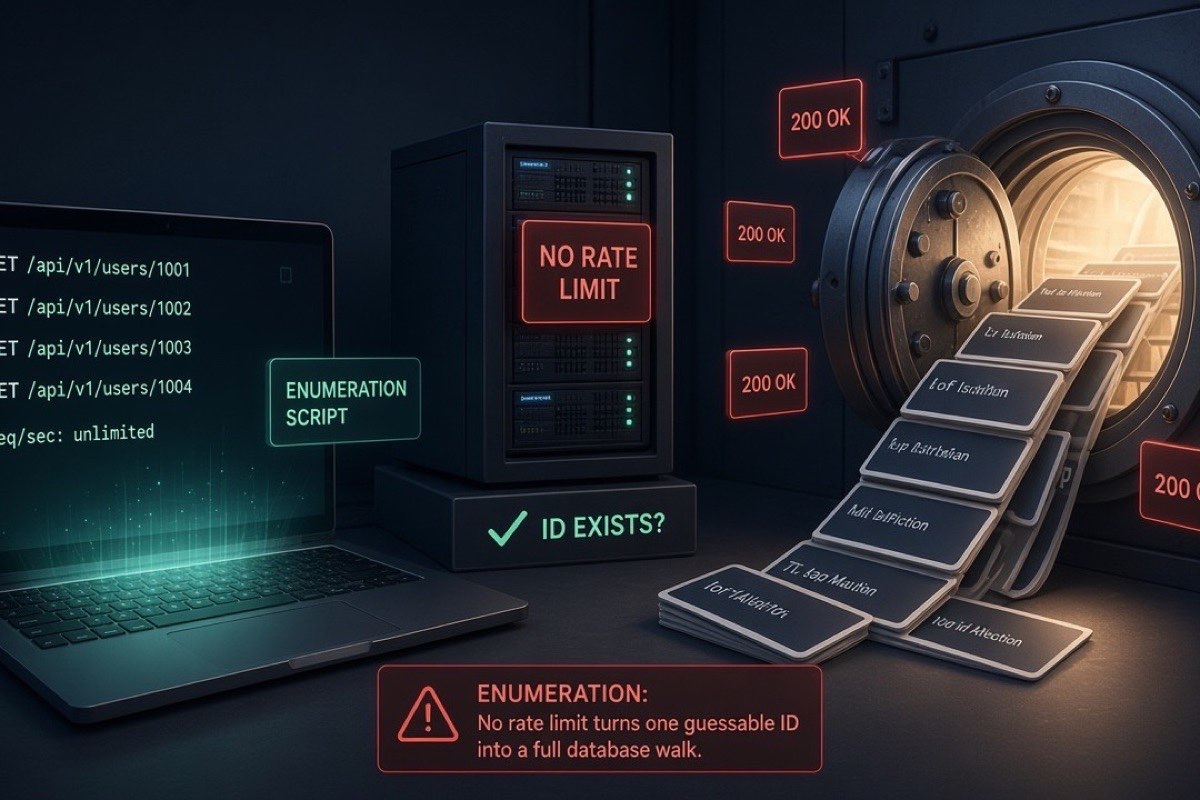 Illustration of a laptop running a script that guesses sequential IDs (GET /users/1001, 1002…), a server labeled No Rate Limit, and an open vault spilling user cards with 200 OK responses, illustrating enumeration with no rate limit