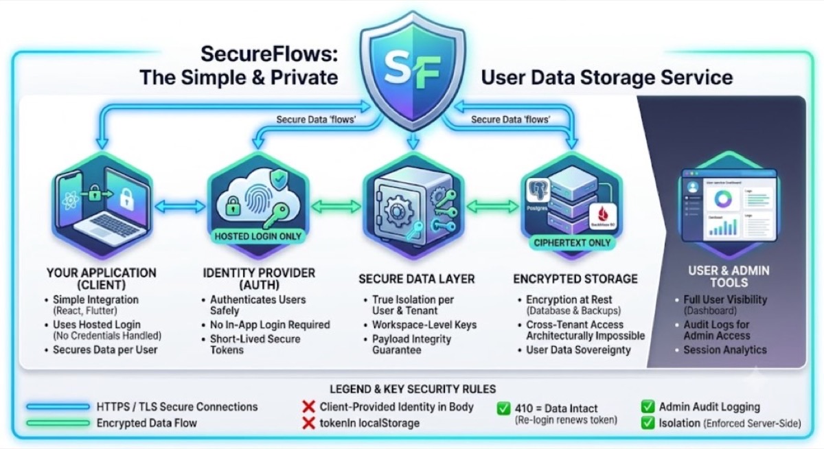 secureFlows platform architecture diagram showing client application, hosted login, secure data layer, encrypted storage, and admin tools