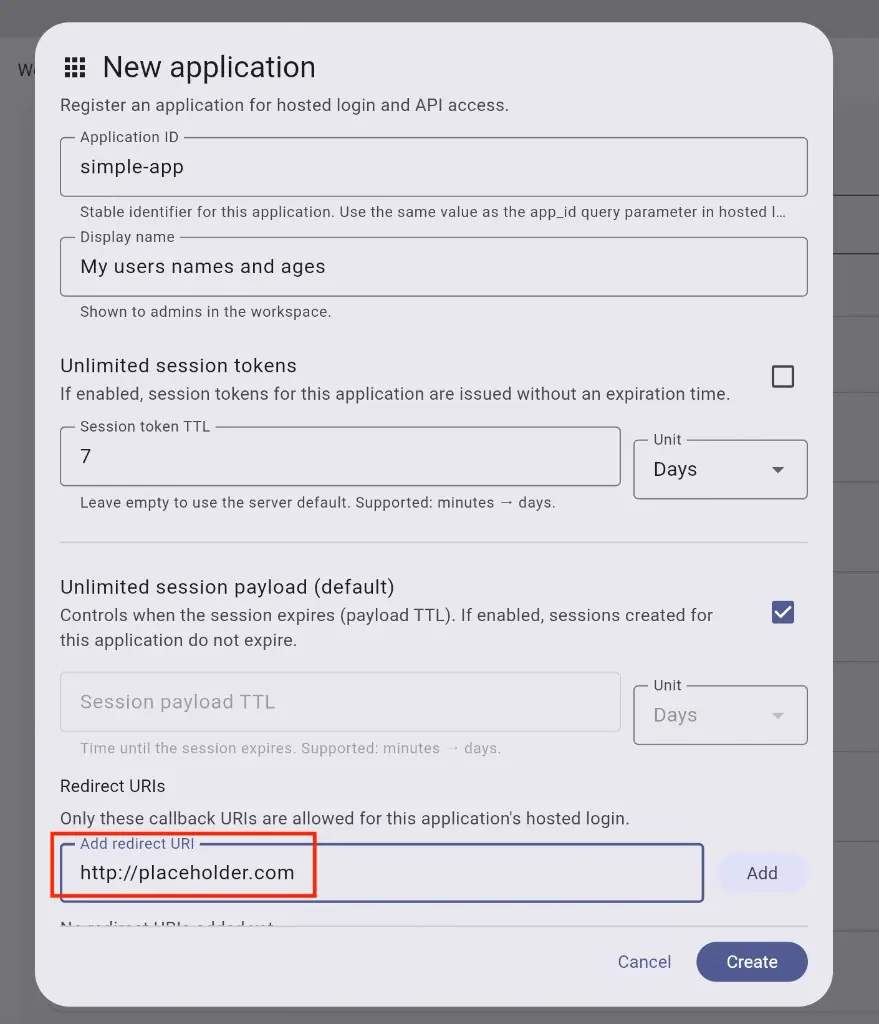 New application dialog with a placeholder redirect URI