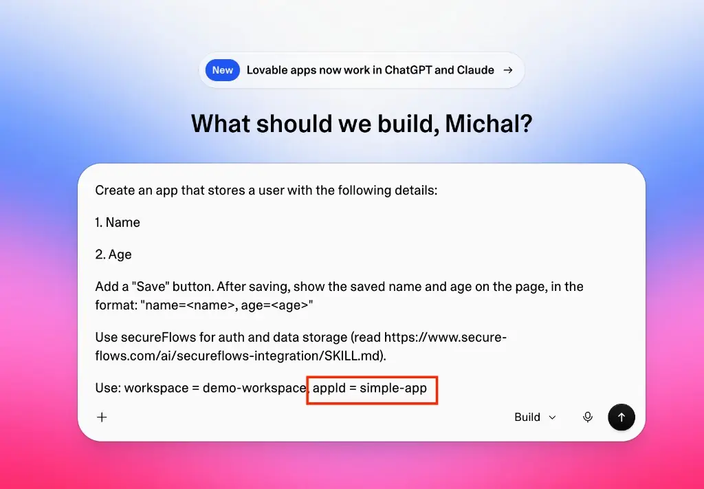 Lovable prompt including workspace and appId simple-app