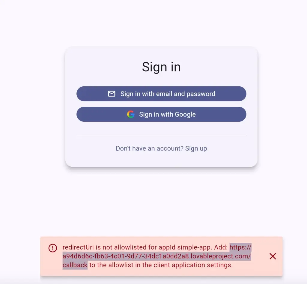 Sign-in error showing the preview redirect URI to add to the allowlist