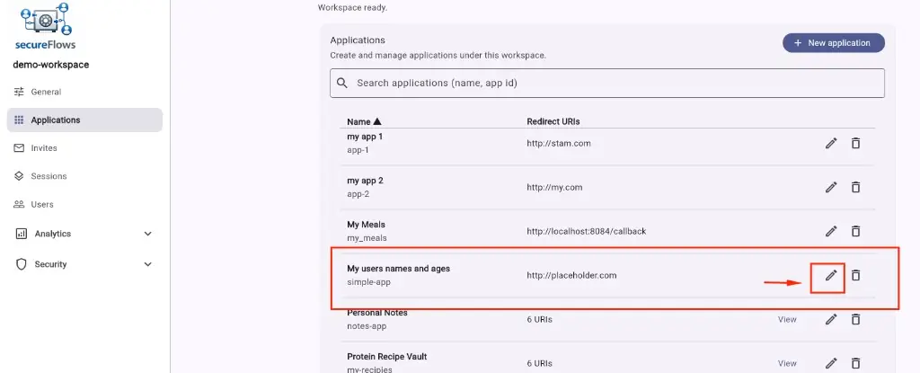 Applications list with Edit highlighted for the new app