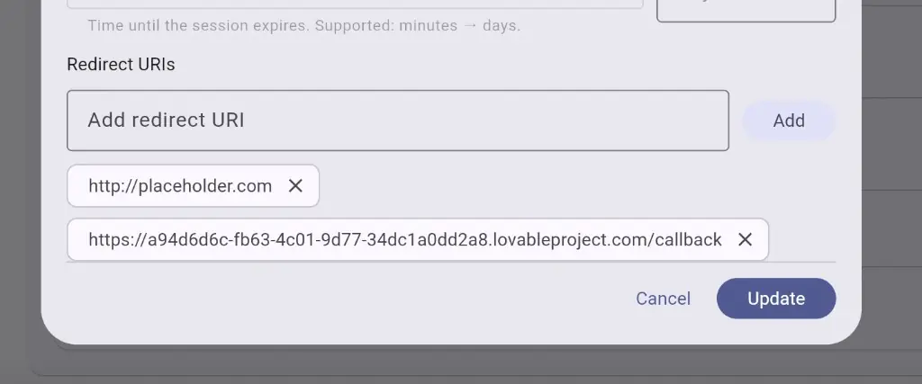 Redirect URIs list with placeholder and preview callback URL