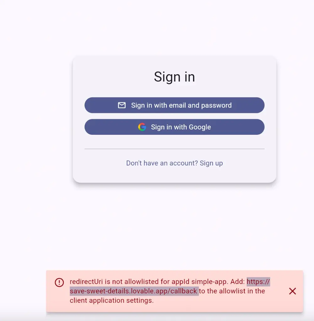 Sign-in error showing the published app redirect URI to allowlist