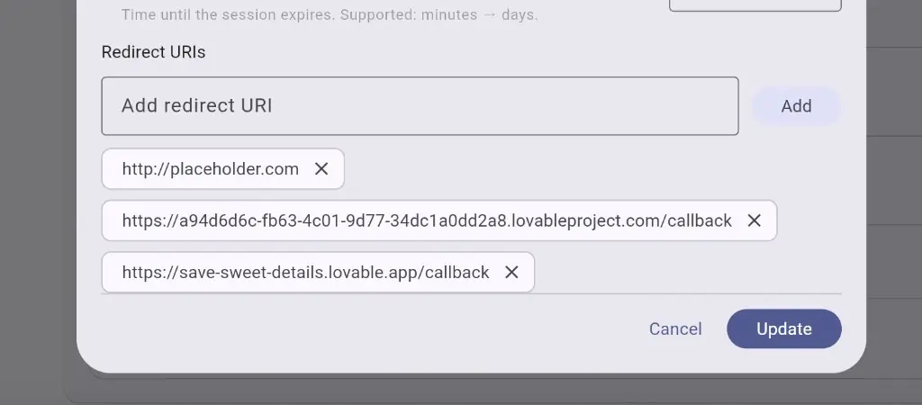 Redirect URIs with placeholder, preview, and published callback URLs