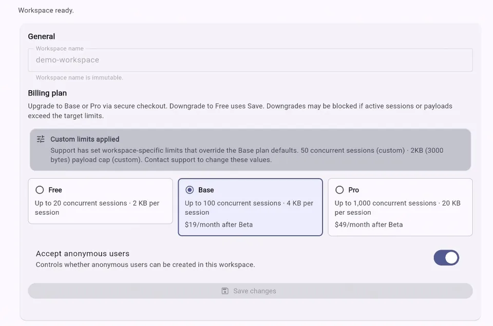 Workspace Manager General tab showing workspace name, billing plan selection, and Accept anonymous users toggle