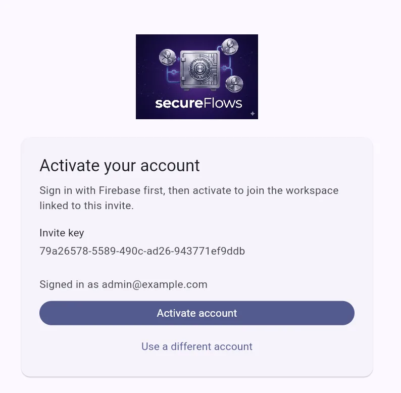 Activate your account screen showing the invite key and Activate account button