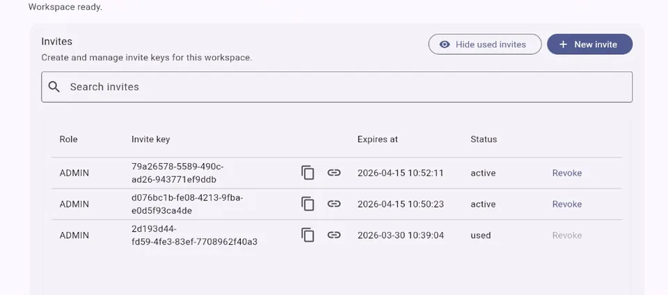 Workspace Manager Invites tab listing invite keys with role, expiry, and status