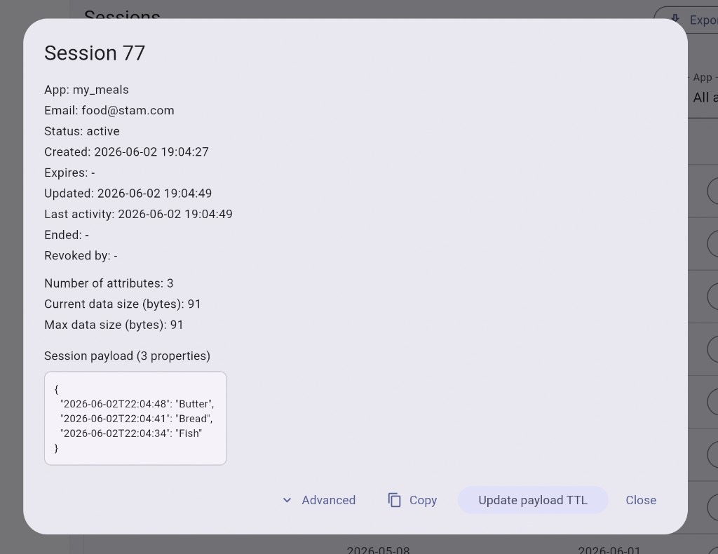 Session detail dialog showing metadata, payload JSON, and Update payload TTL action