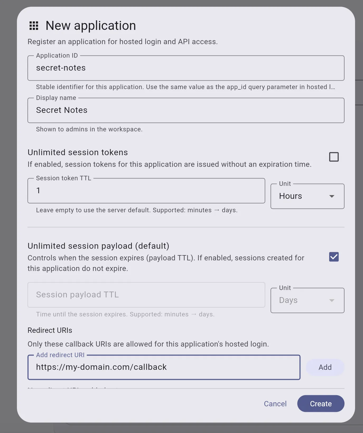 Create application dialog