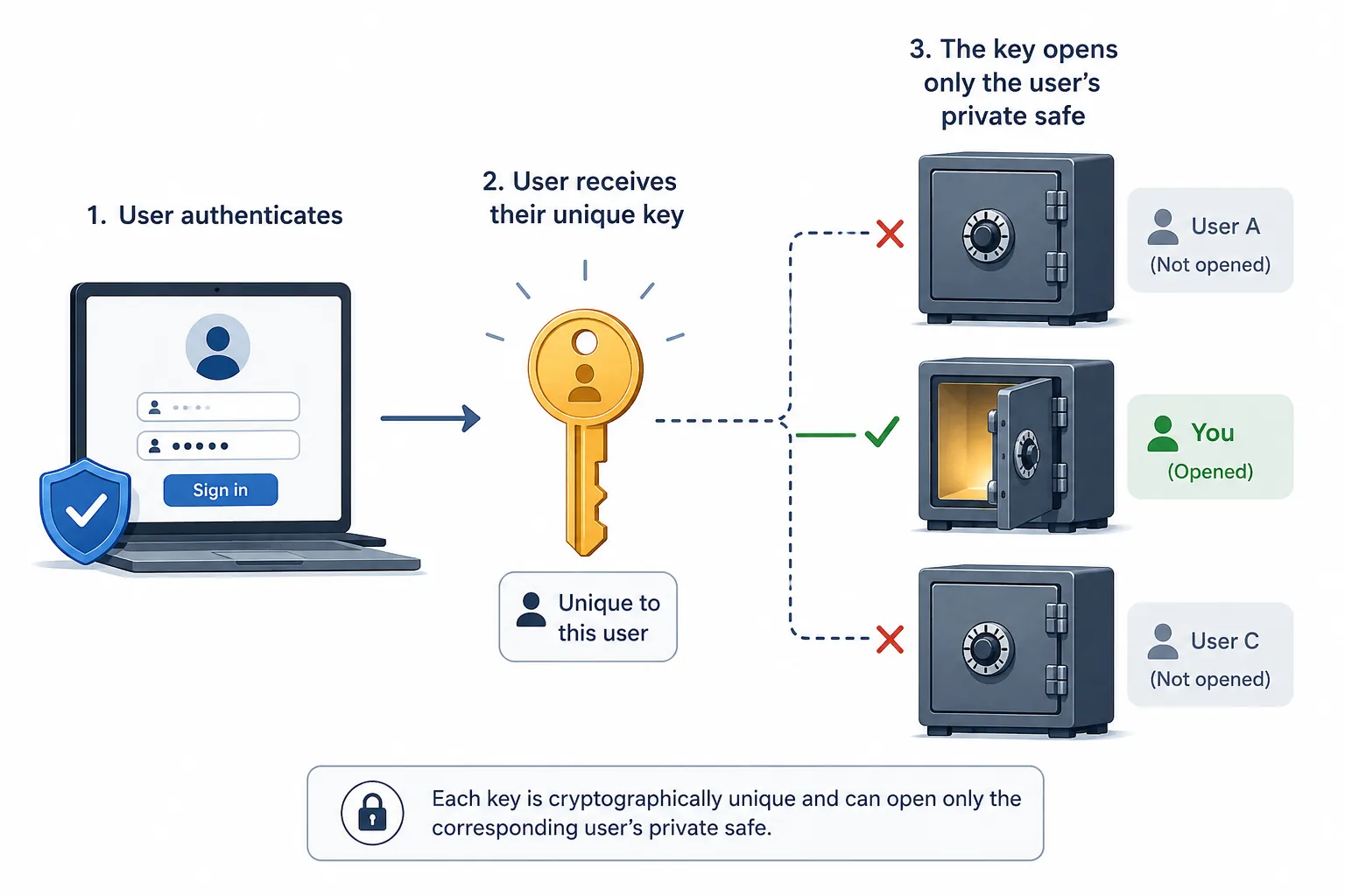 How user isolation works: authenticate, receive a unique key, access only your private data