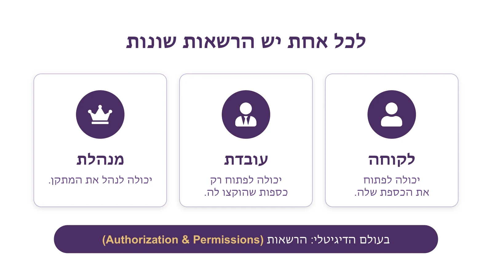 שלוש דמויות עם הרשאות שונות: לקוחה פותחת את הכספת שלה, עובדת פותחת רק כספות שהוקצו לה, מנהלת מנהלת את המתקן