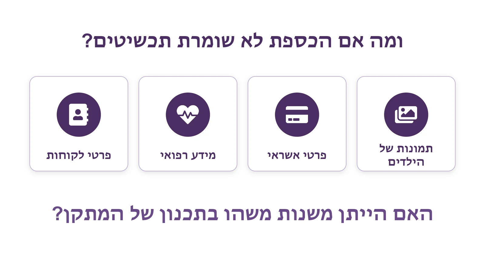 ארבעה סוגי מידע רגיש: תמונות של הילדים, פרטי אשראי, מידע רפואי ופרטי לקוחות. השאלה: האם הייתן משנות משהו בתכנון של המתקן?