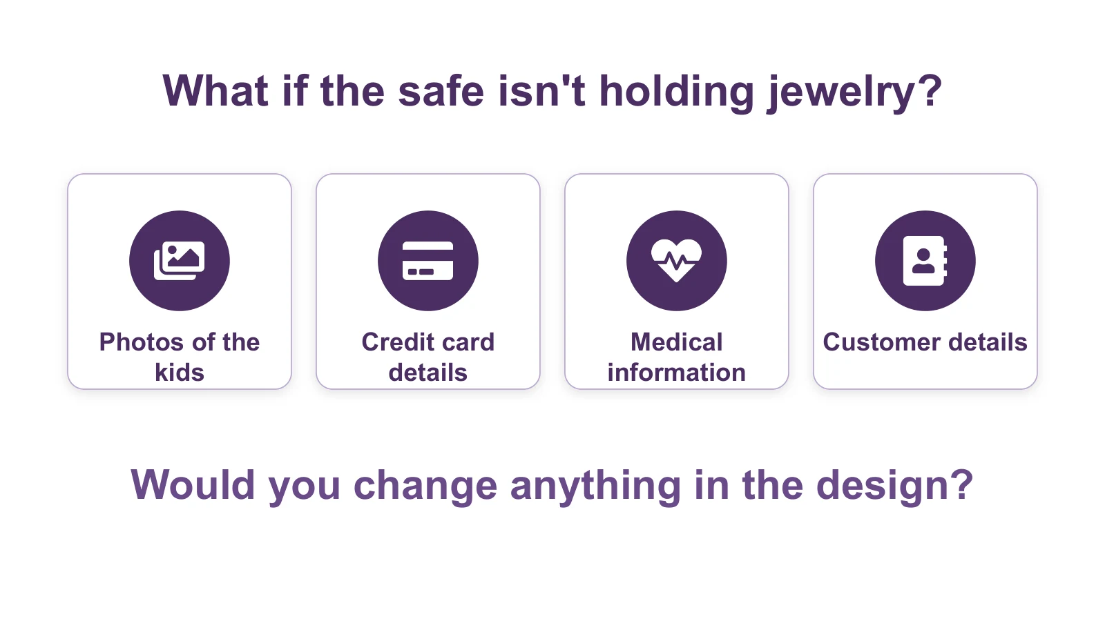 Four kinds of sensitive data: photos of the kids, credit card details, medical information and customer details. The question: Would you change anything in the design?