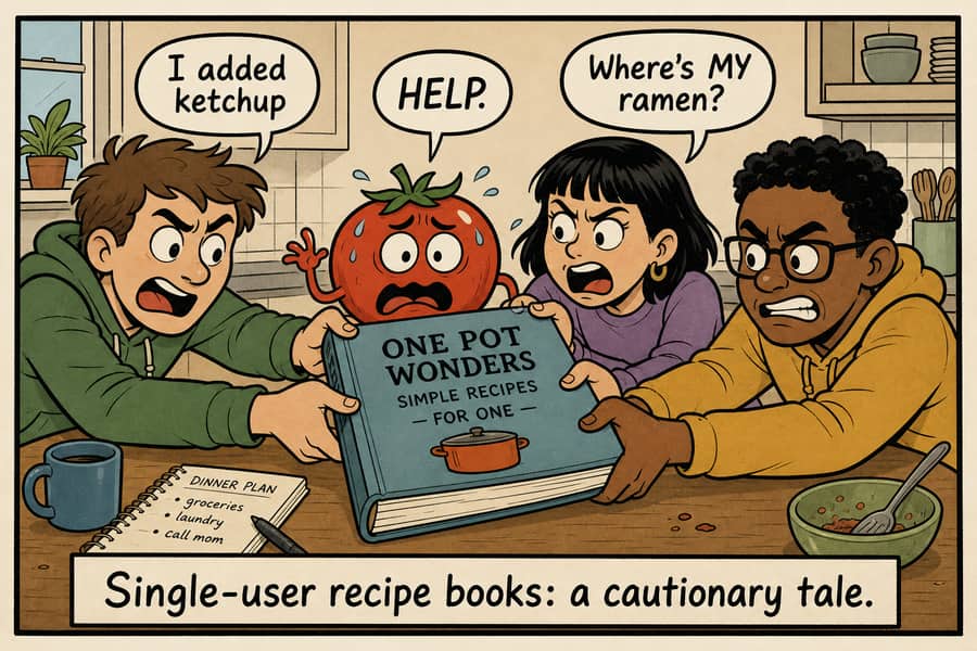 Comic: three friends grabbing one shared cookbook while a panicked tomato yells for help