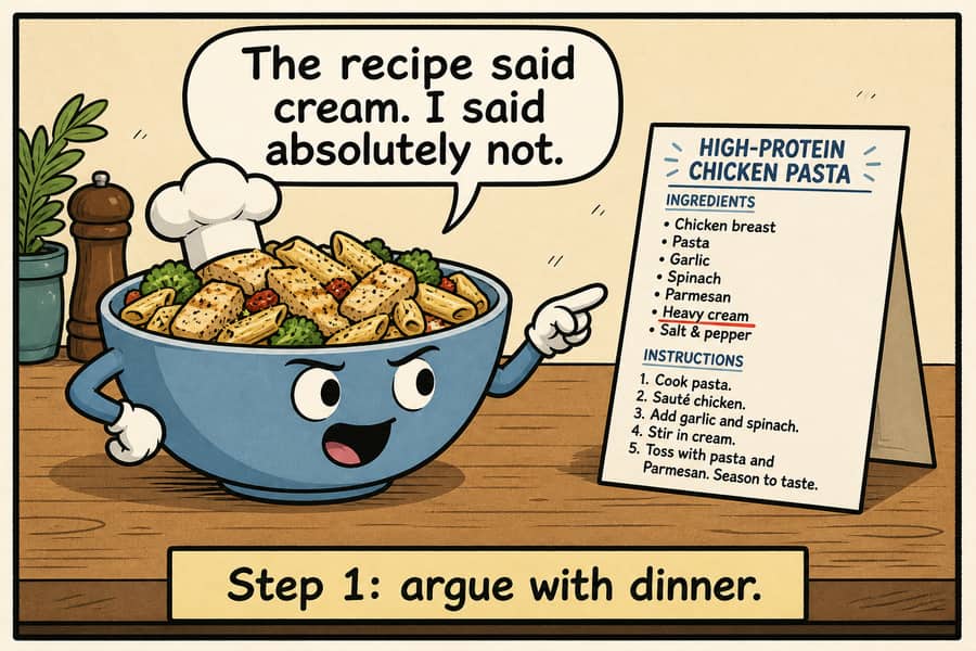 Comic: a pasta bowl in a chef hat arguing with a recipe card — The recipe said cream. I said absolutely not.