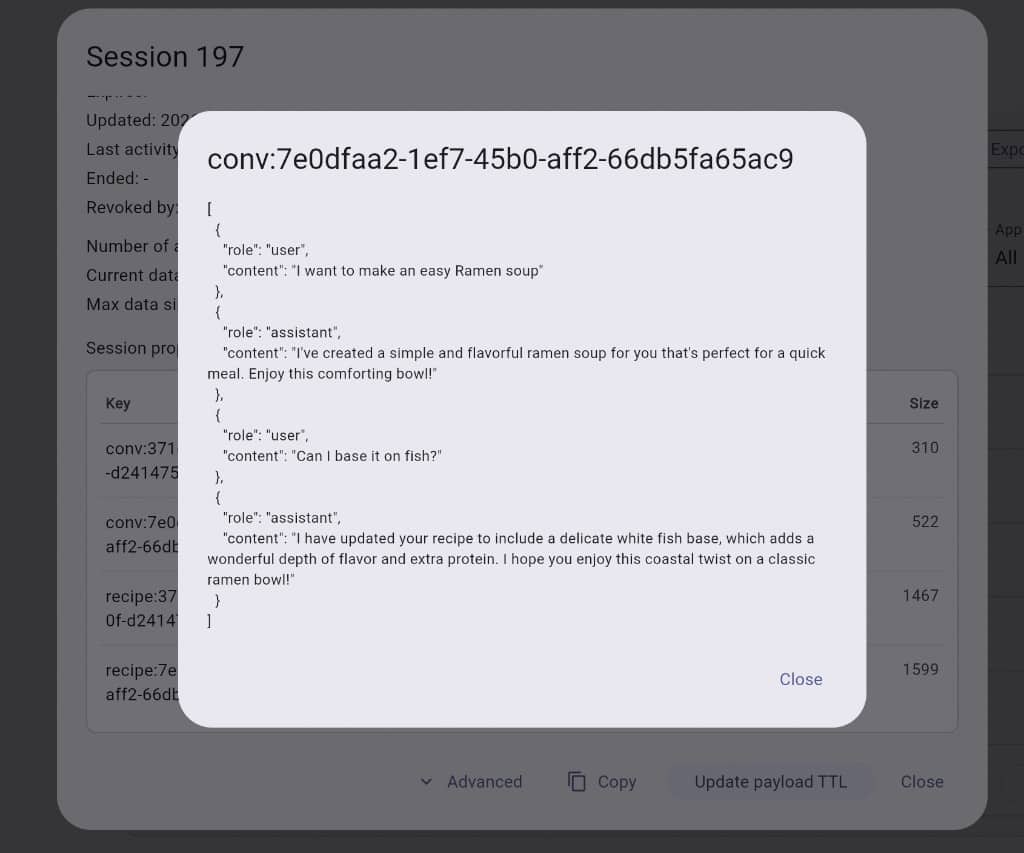 Console View dialog showing conversation JSON for a recipe chat