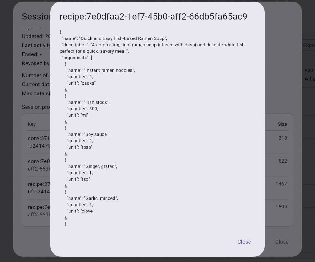 Console View dialog showing recipe JSON with ingredients