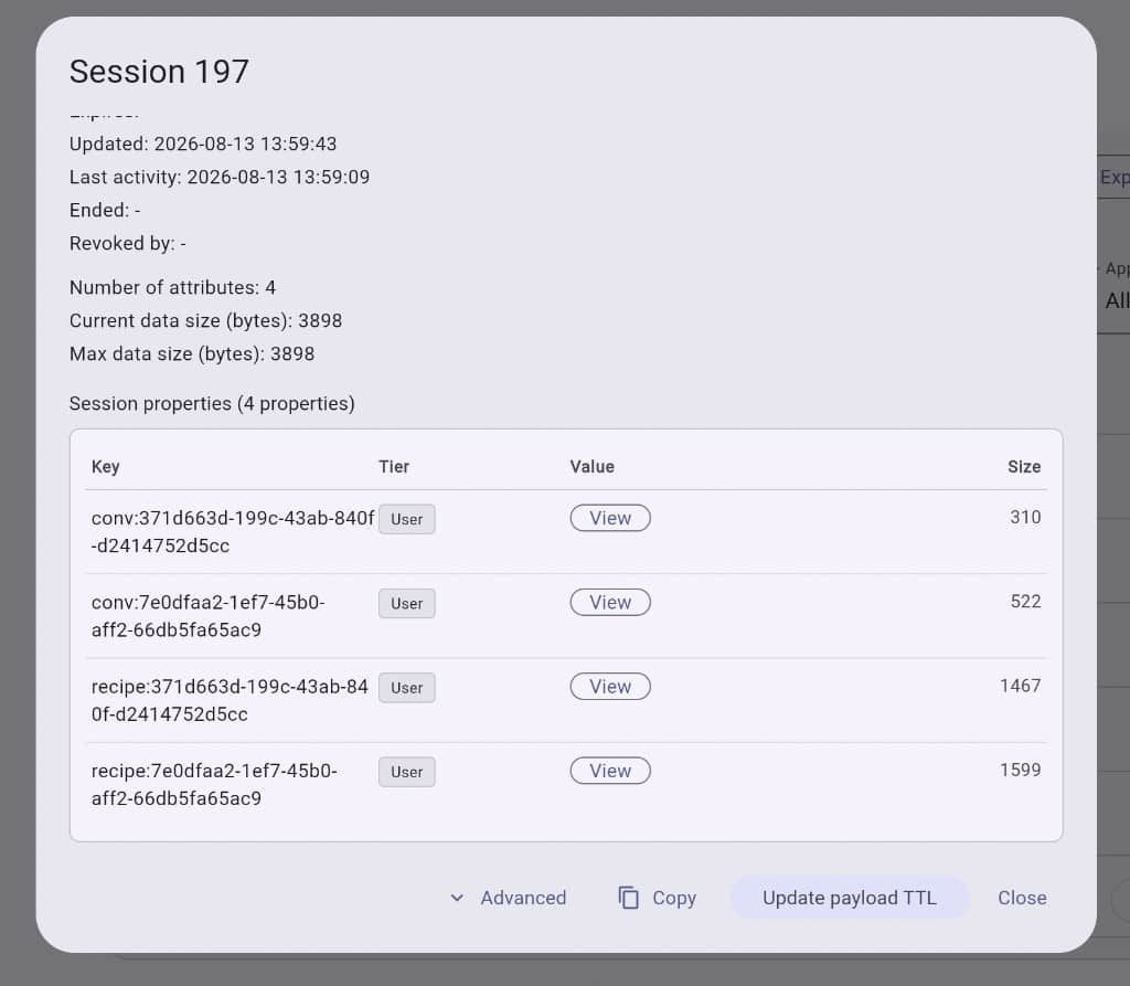 secureFlows console Session properties table with conv and recipe keys