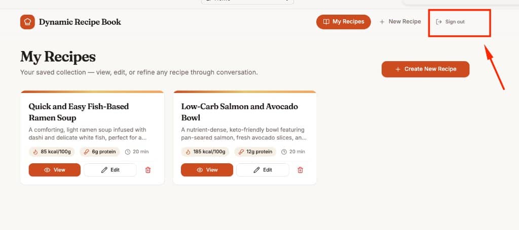 My Recipes list showing saved recipes with View, Edit, and Delete
