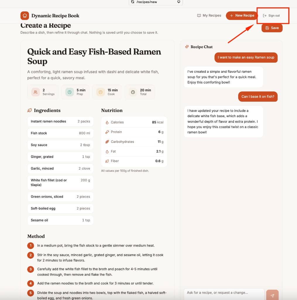 Dynamic Recipe Book recipe editor with chat refinements and Sign out in the header